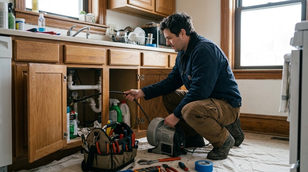 Plumber operating an electromechanical drain snake through a basement cleanout fitting