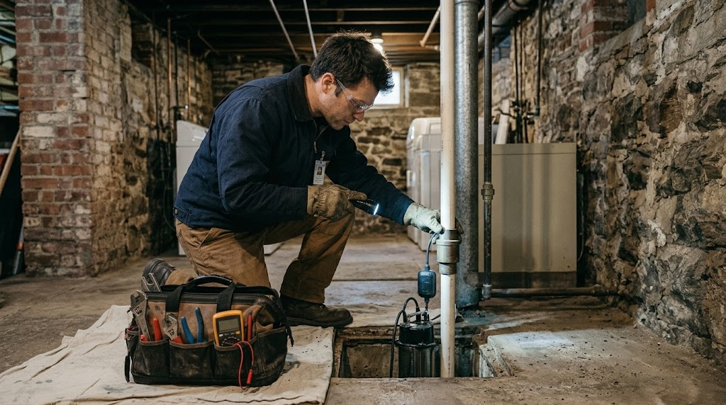 Plumber inspecting a submersible cast-iron sump pump and check valve in a residential basement pit